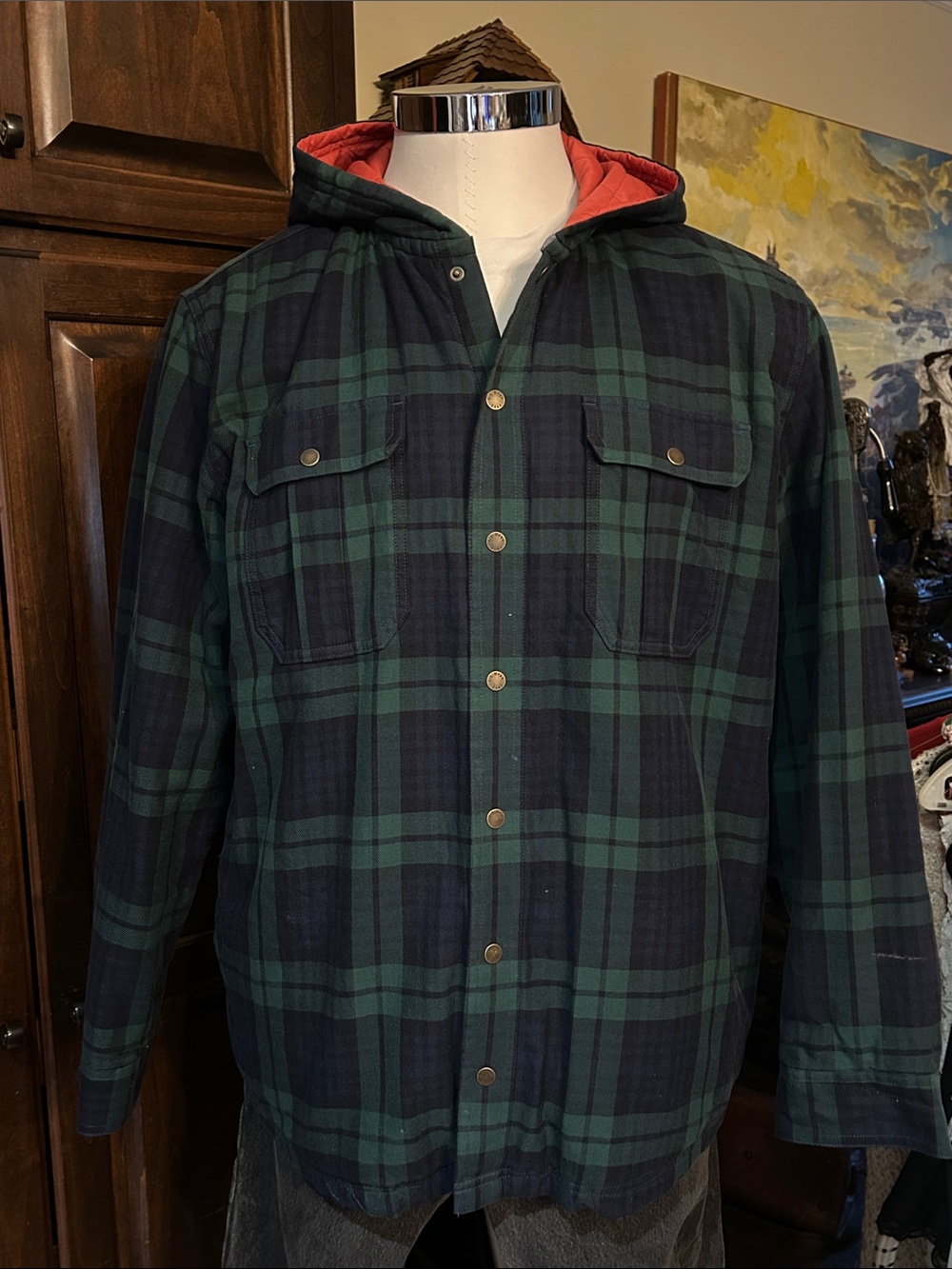 L.L. Bean Sz XL Tartan Green & Navy Plaid Hooded Snap Front Jacket